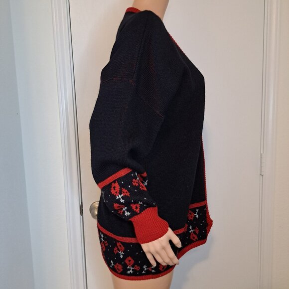Vintage 80's Christmas Cardigan Sweater Size XL Bedford Fair Red/Black - Picture 2 of 10